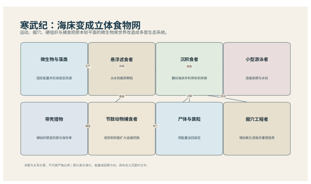 图 13-1 寒武纪食物网:运动、捕食和掘穴使海床立体化。