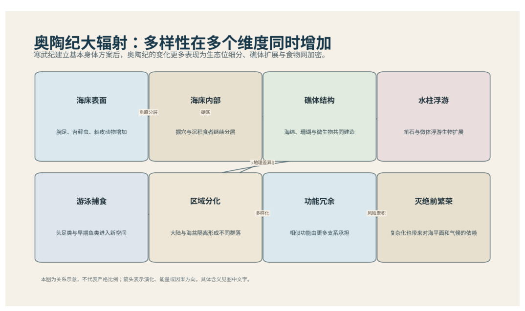 图 16-1　奥陶纪大辐射使水柱、礁体和底栖生态同时加密。