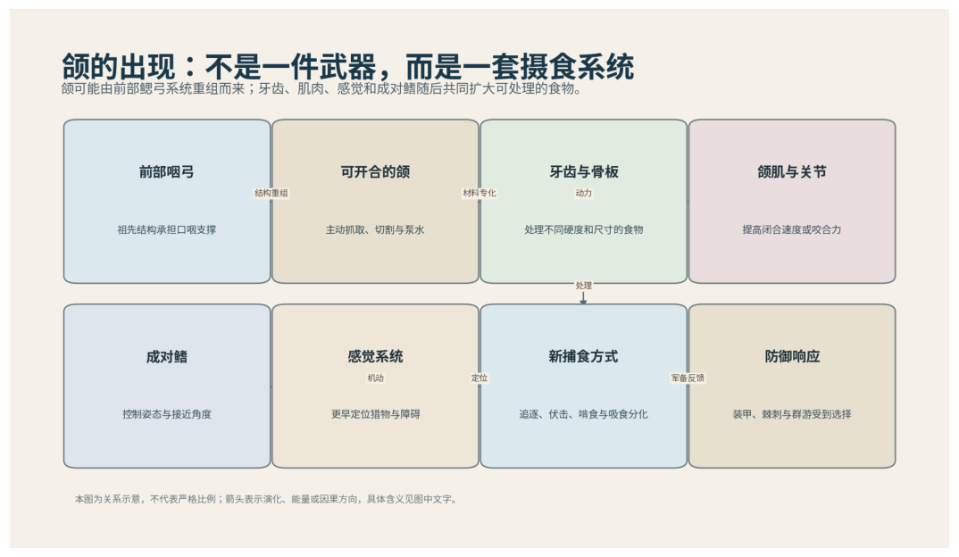 图 20-1 颌、牙齿和成对鳍共同扩大鱼类可利用生态位。