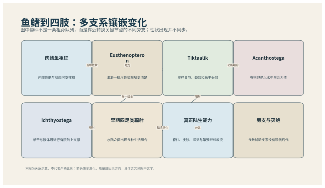 图 22-1　鱼鳍到四肢不是直线，而是多支系镶嵌变化。