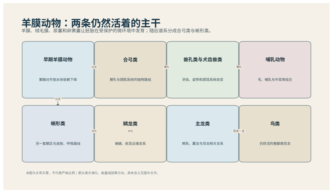图 28-1　羊膜动物分成合弓类与蜥形类两条主干。