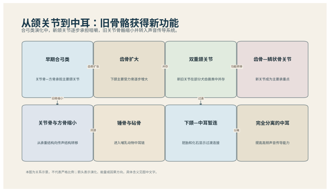 图 30-1 合弓类颌后部骨骼逐步转入哺乳动物中耳。