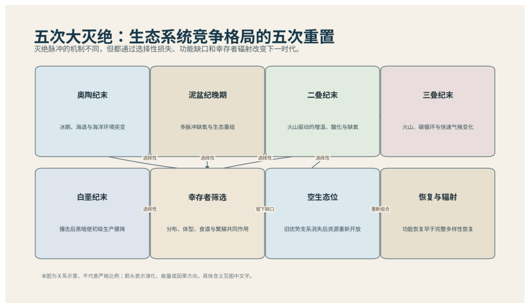 图 33-1　五次大灭绝重置竞争格局，而非只减少物种数。