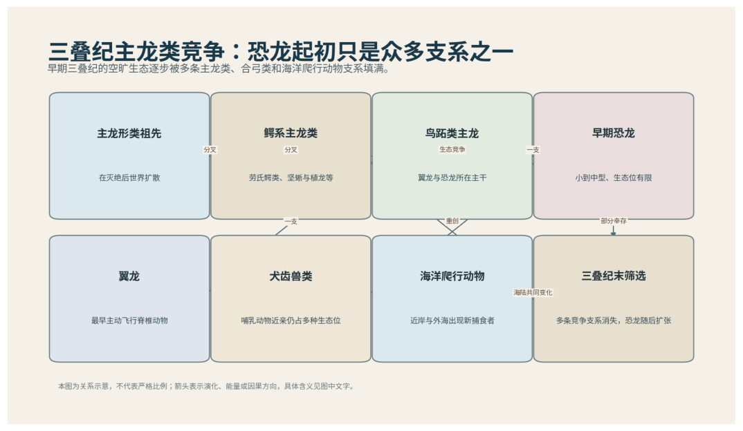 图 36-1　三叠纪主龙类竞争：恐龙只是众多支系之一。