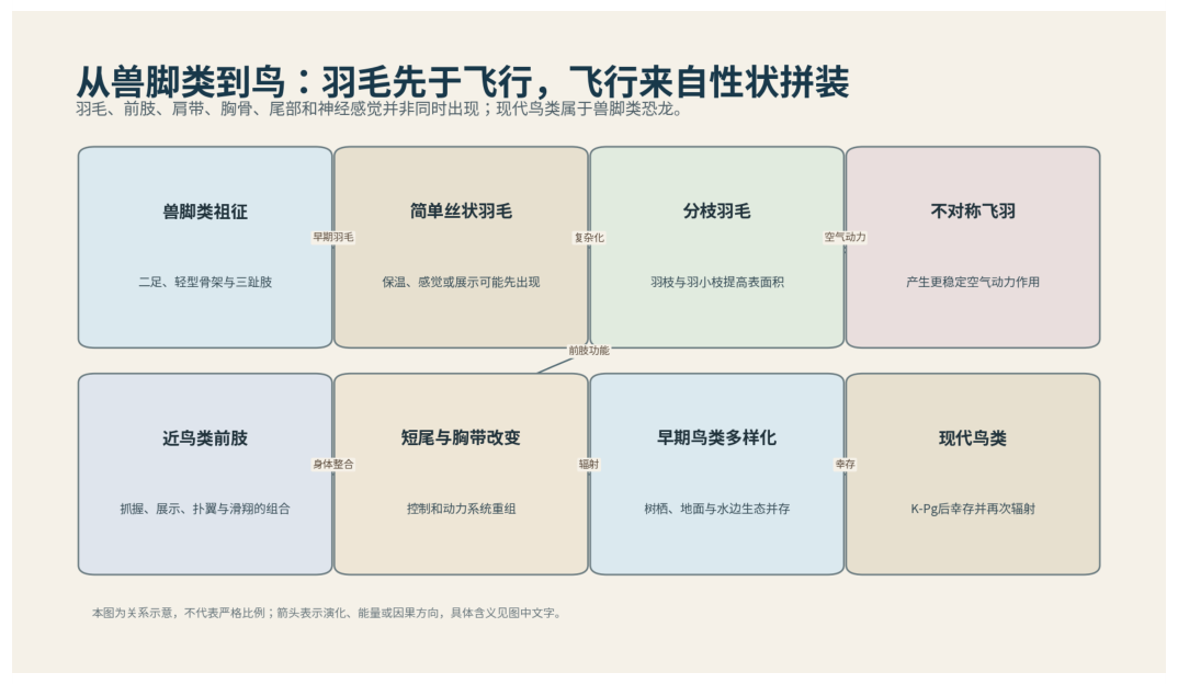 图 46-1　羽毛与飞行结构在兽脚类中分阶段组合。