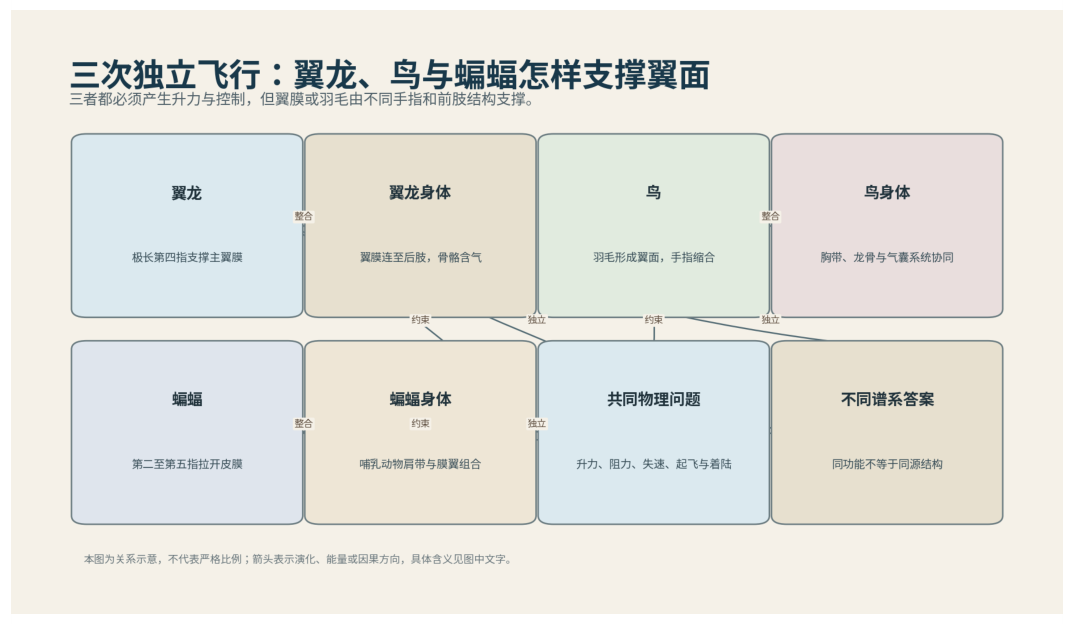 图 47-1　翼龙、鸟和蝙蝠的翼面由不同手指和膜结构支撑。