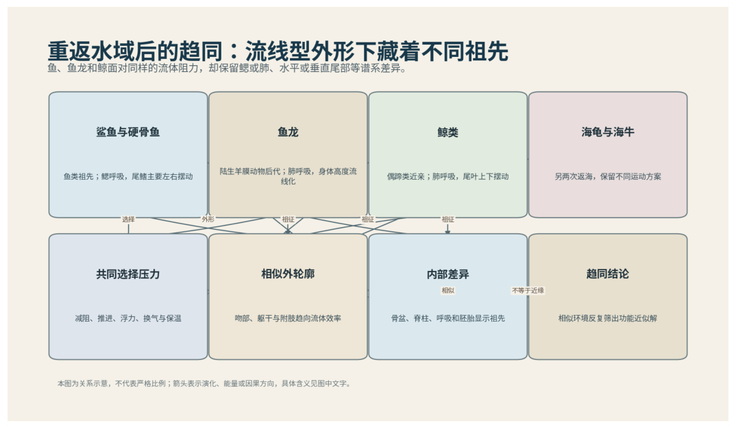 图 48-1　鱼、鱼龙和鲸的流线体相似，但内部结构保留不同祖先历史。