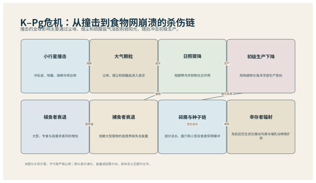 图 50-1　K-Pg危机的杀伤链从撞击延伸到初级生产和食物网。