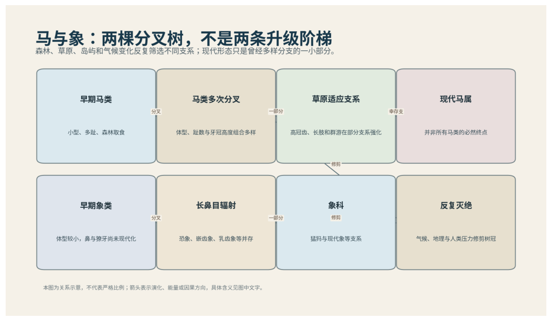 图 56-1 马与象的演化都是分叉树,不是直线升级。