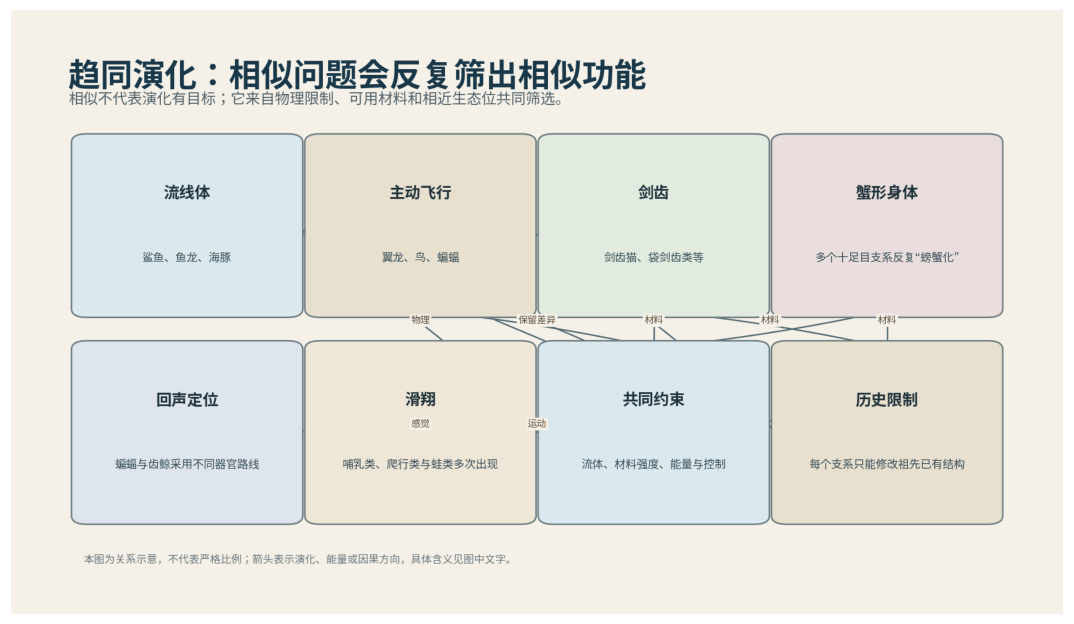 图 57-1　趋同演化：相似问题可以产生相似功能，但解剖来源不同。