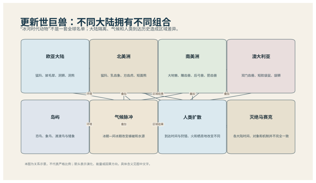 图 58-1 更新世不同大陆拥有各自的巨兽组合。