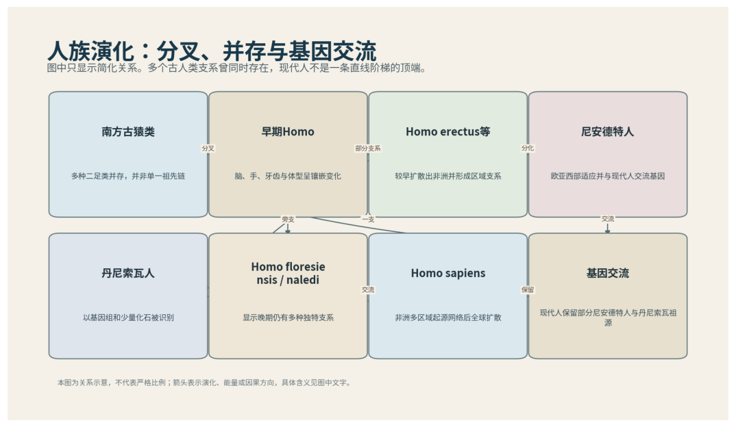 图 59-1　人族演化是分叉、并存和基因交流的灌木。