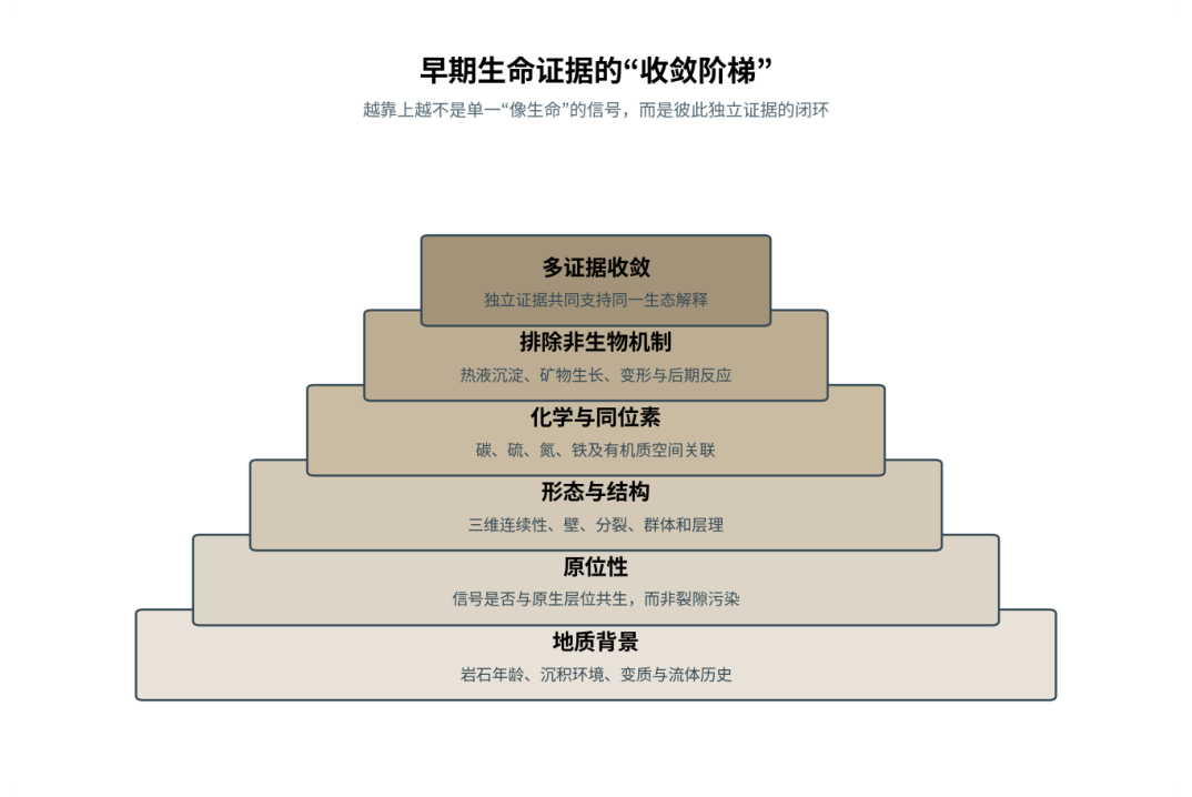 图 5-1 从形态到多证据组合:早期生命判断的证据阶梯。