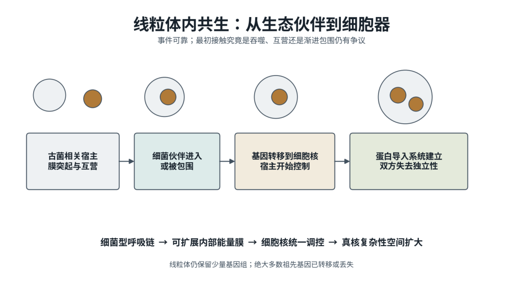 图 6-1　真核细胞的线粒体和叶绿体来自不同阶段的内共生。